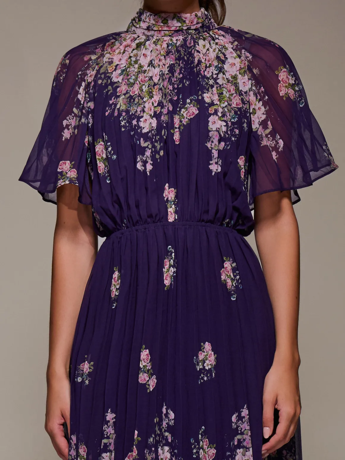 High Neck Short Sleeve Pleated Chiffon Dress, Purple Floral