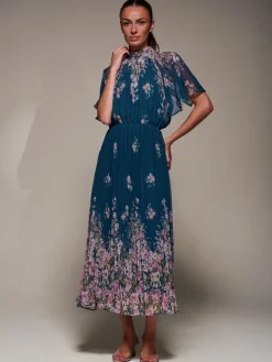 High Neck Short Sleeve Pleated Chiffon Dress, Teal Floral