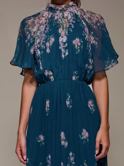 High Neck Short Sleeve Pleated Chiffon Dress, Teal Floral