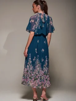 High Neck Short Sleeve Pleated Chiffon Dress, Teal Floral