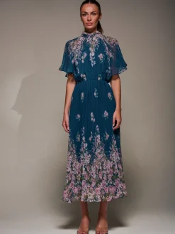 High Neck Short Sleeve Pleated Chiffon Dress, Teal Floral