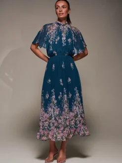 High Neck Short Sleeve Pleated Chiffon Dress, Teal Floral