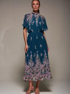 High Neck Short Sleeve Pleated Chiffon Dress, Teal Floral