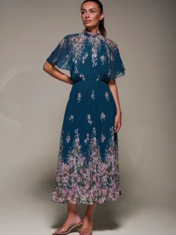 High Neck Short Sleeve Pleated Chiffon Dress, Teal Floral