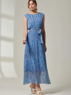 Holly Pleated Chiffon Maxi Dress, Blue Abstract