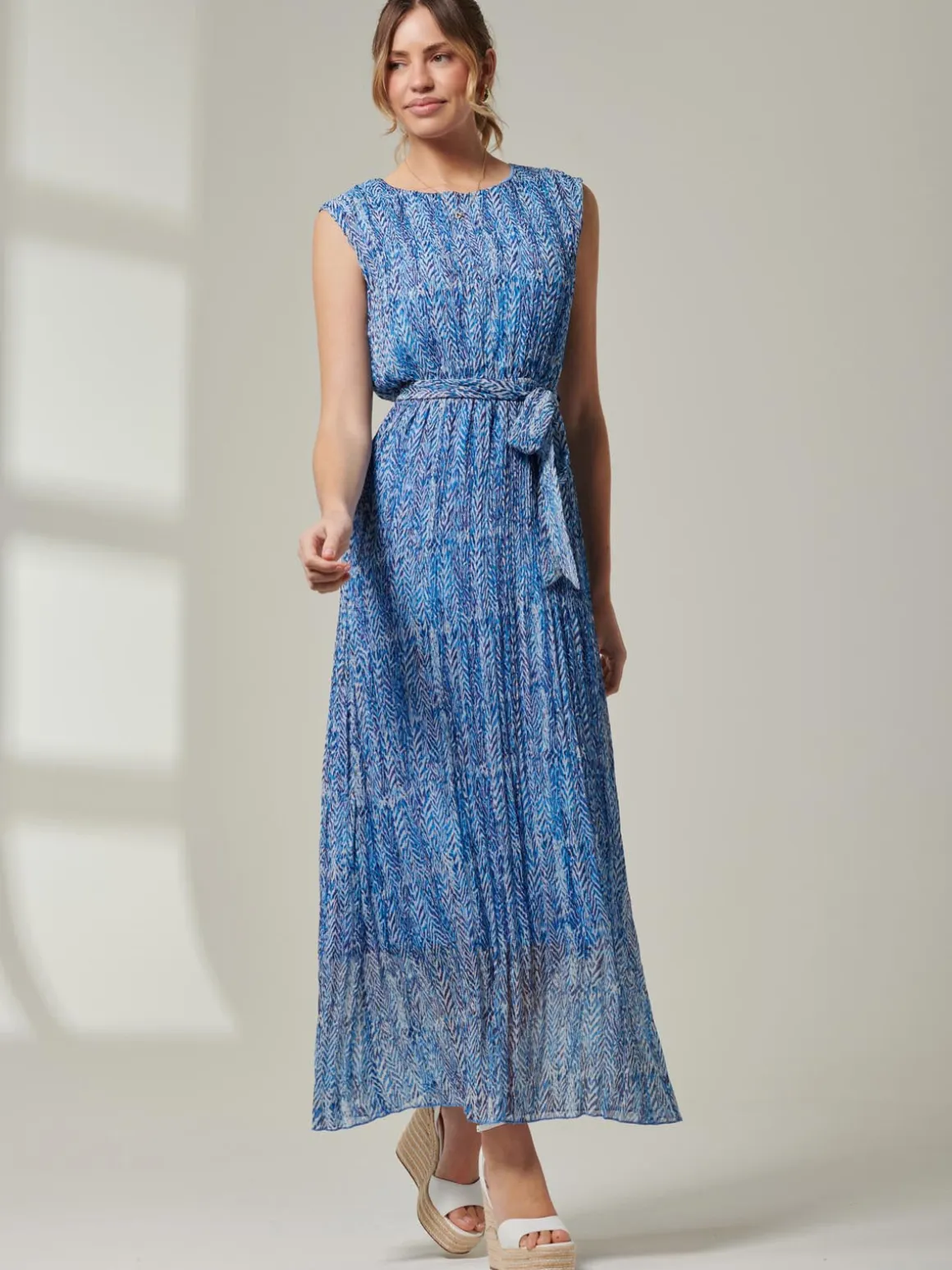 Holly Pleated Chiffon Maxi Dress, Blue Abstract