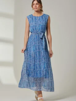 Holly Pleated Chiffon Maxi Dress, Blue Abstract