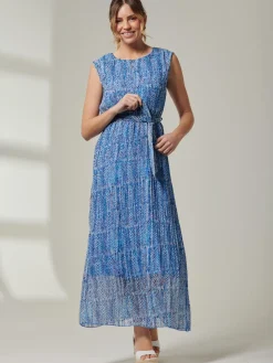 Holly Pleated Chiffon Maxi Dress, Blue Abstract