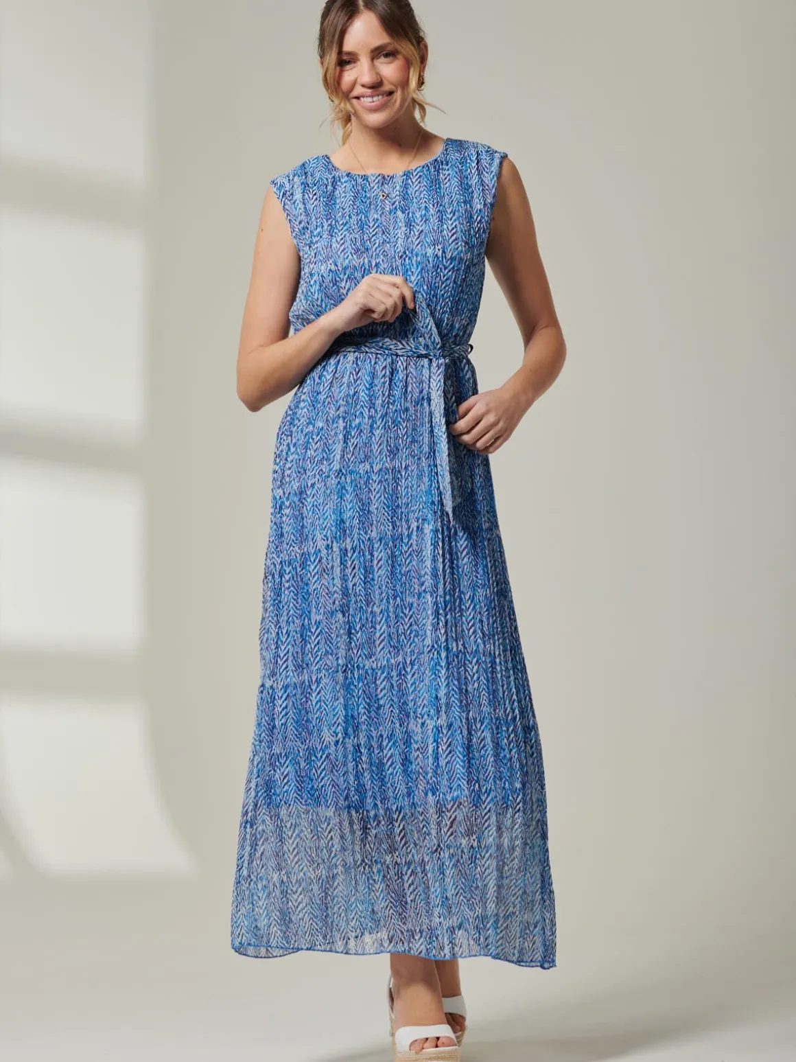 Holly Pleated Chiffon Maxi Dress, Blue Abstract