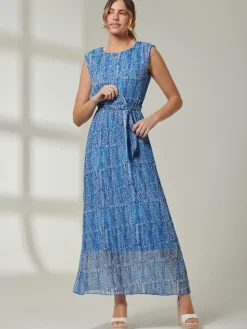 Holly Pleated Chiffon Maxi Dress, Blue Abstract