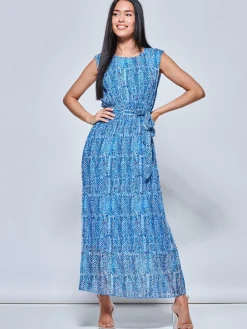 Holly Pleated Chiffon Maxi Dress, Blue Abstract