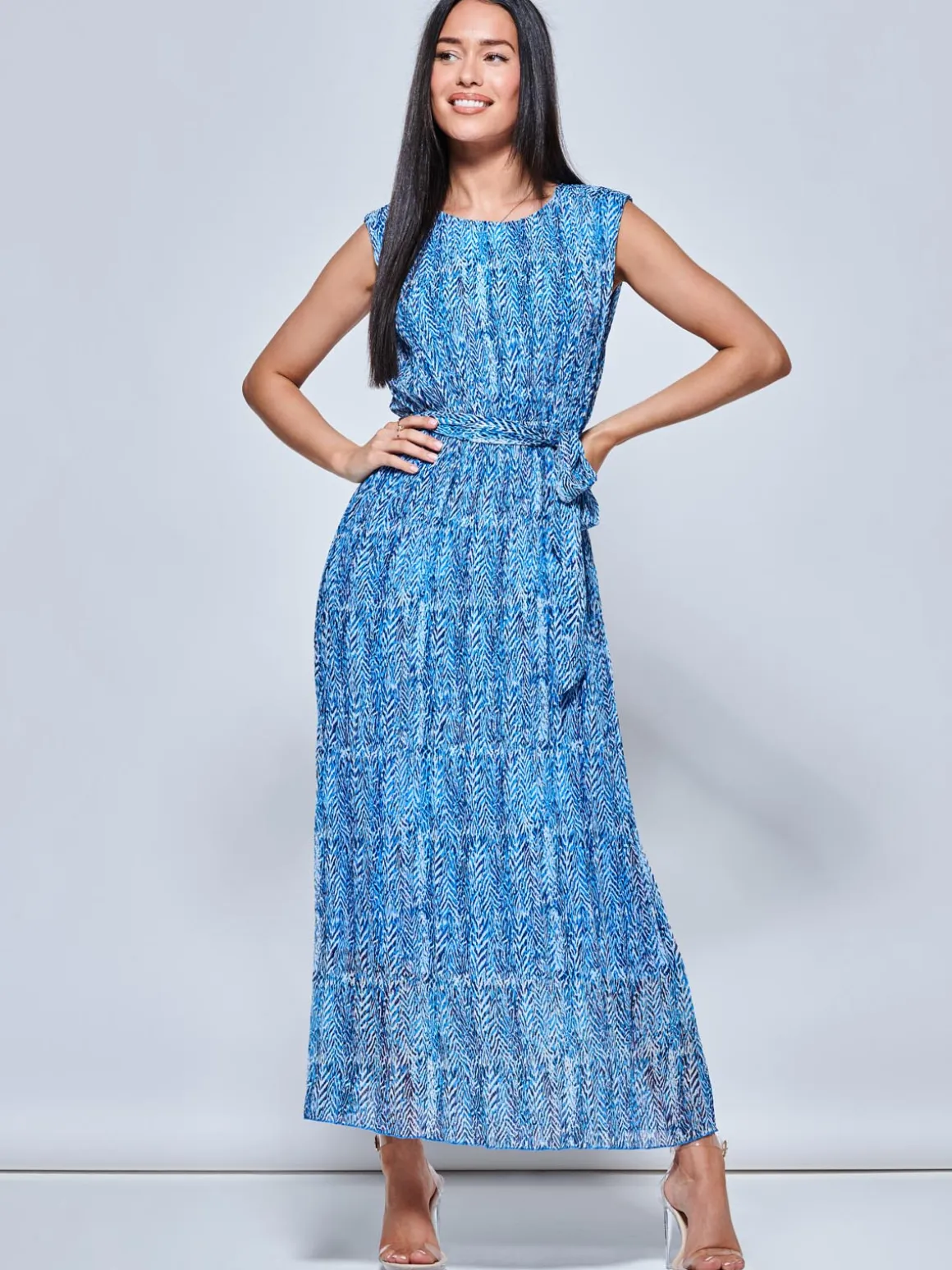 Holly Pleated Chiffon Maxi Dress, Blue Abstract