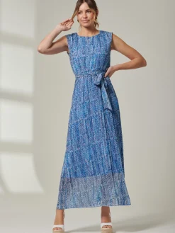 Holly Pleated Chiffon Maxi Dress, Blue Abstract