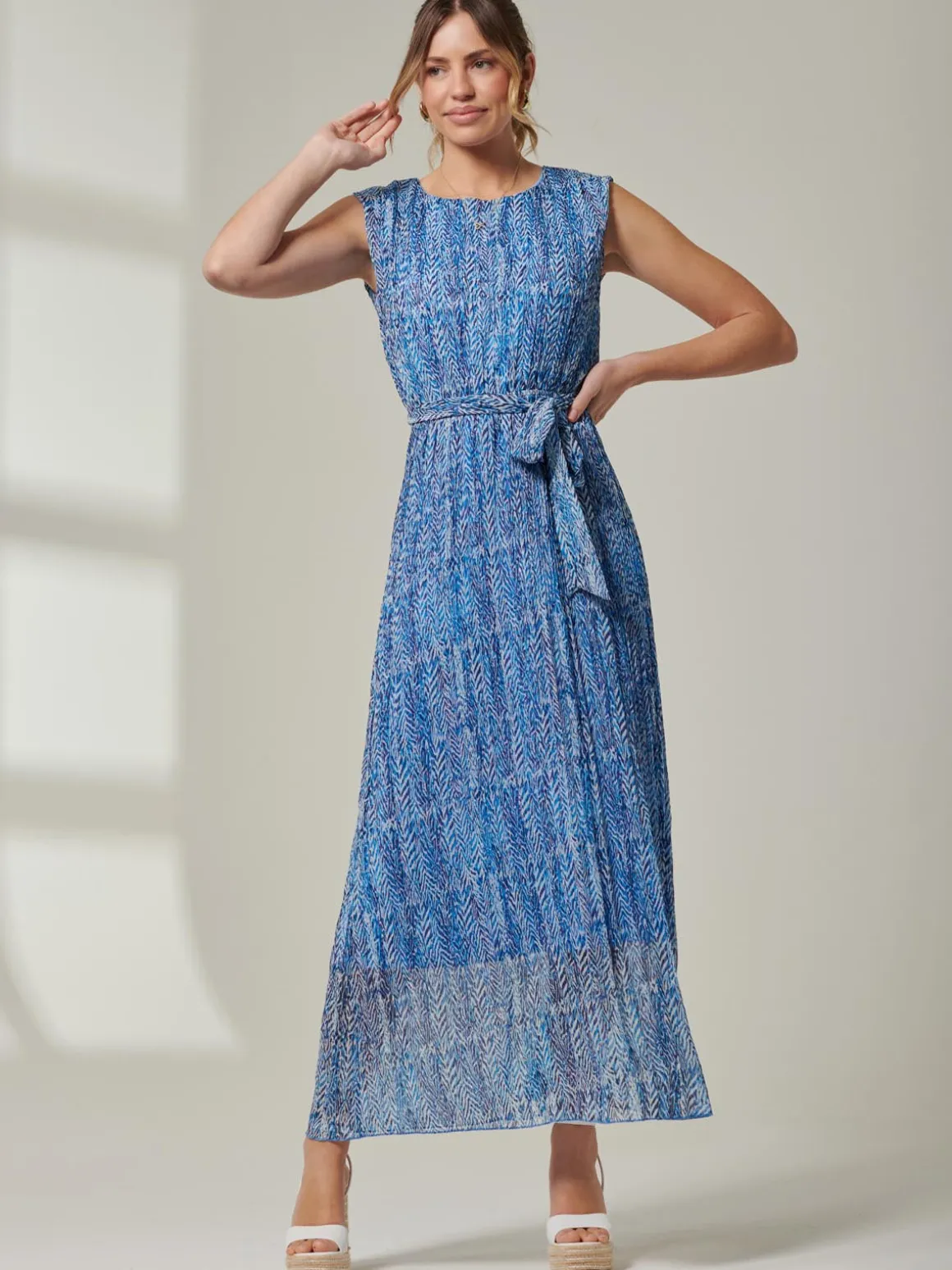 Holly Pleated Chiffon Maxi Dress, Blue Abstract