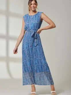 Holly Pleated Chiffon Maxi Dress, Blue Abstract