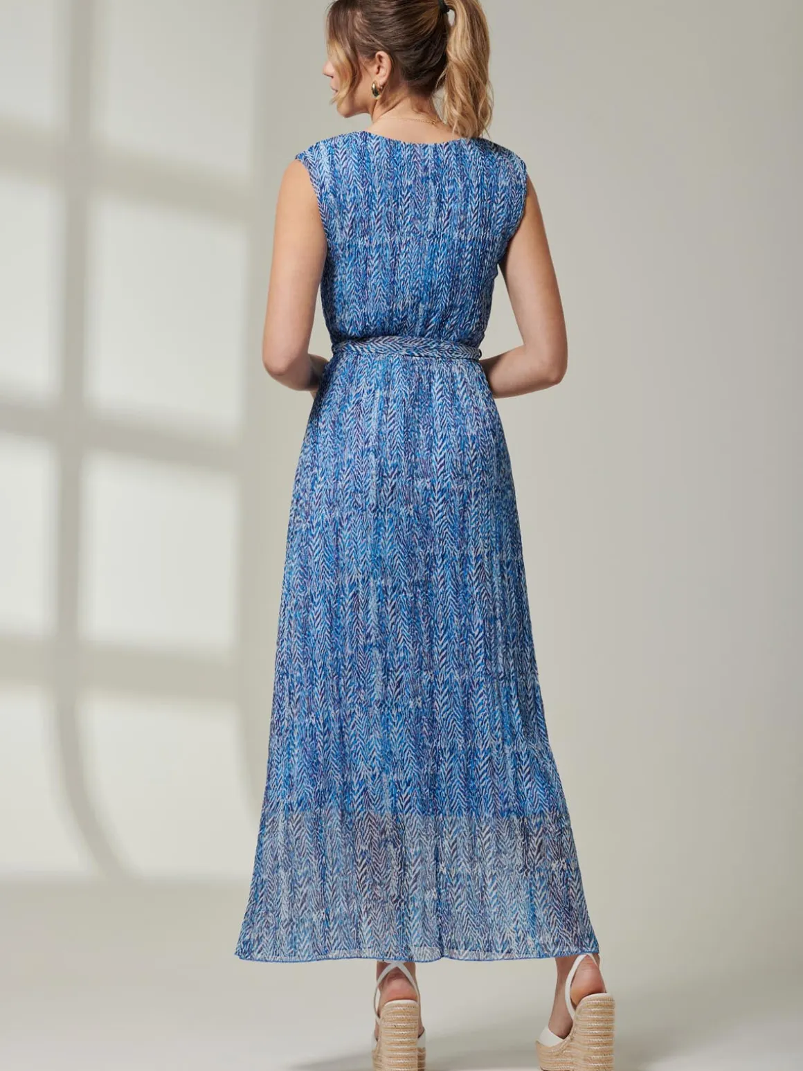 Holly Pleated Chiffon Maxi Dress, Blue Abstract
