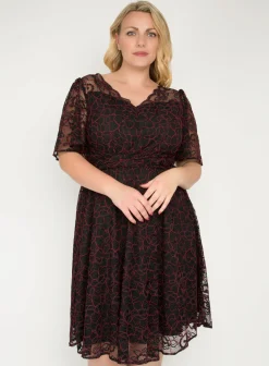 J by Jolie Moi Flare Sleeve Belted Lace Dress, Red Multi