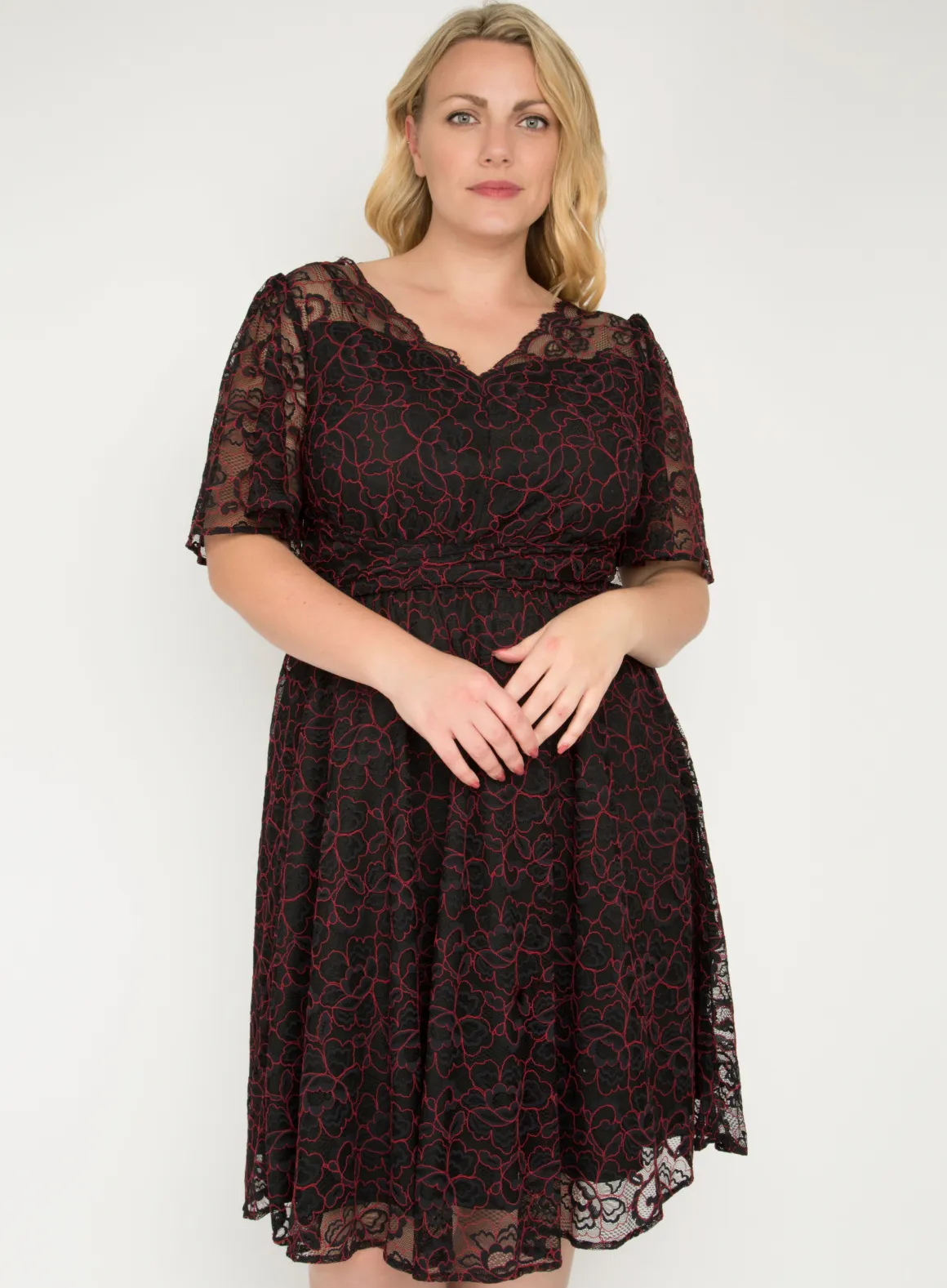 J by Jolie Moi Flare Sleeve Belted Lace Dress, Red Multi