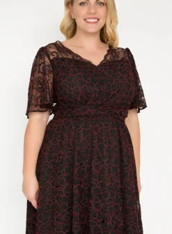 J by Jolie Moi Flare Sleeve Belted Lace Dress, Red Multi