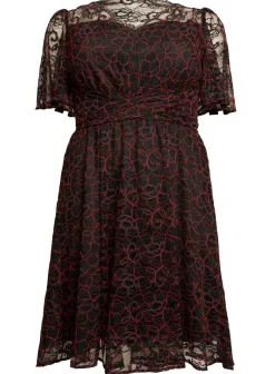 J by Jolie Moi Flare Sleeve Belted Lace Dress, Red Multi