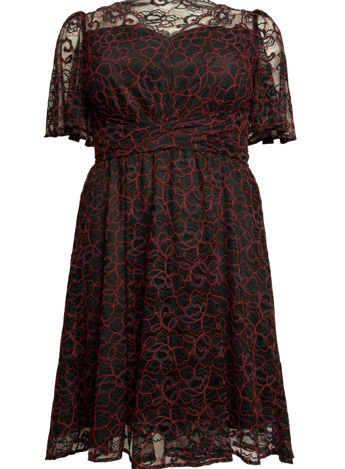 J by Jolie Moi Flare Sleeve Belted Lace Dress, Red Multi