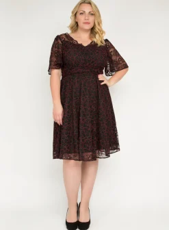 J by Jolie Moi Flare Sleeve Belted Lace Dress, Red Multi