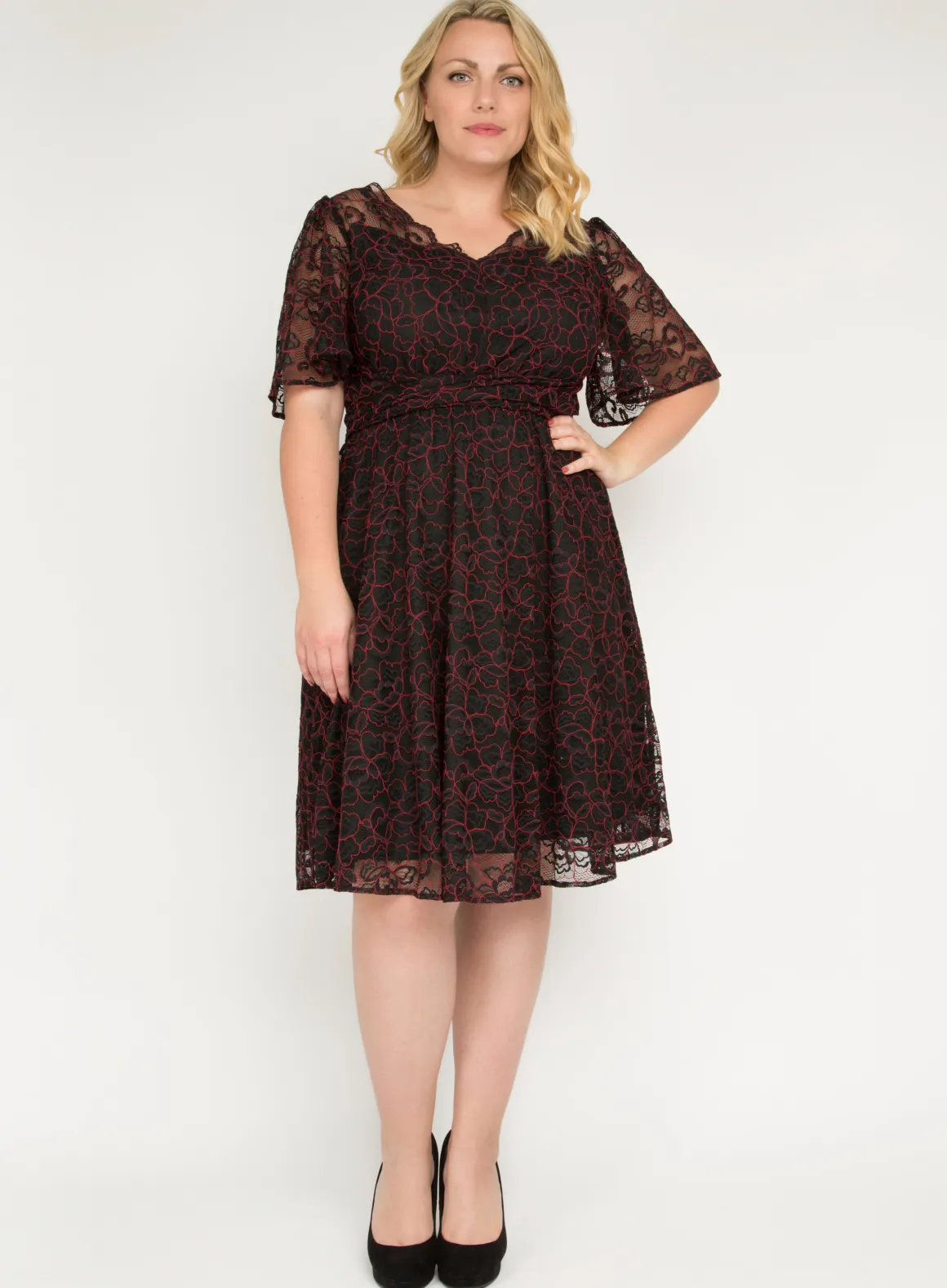 J by Jolie Moi Flare Sleeve Belted Lace Dress, Red Multi