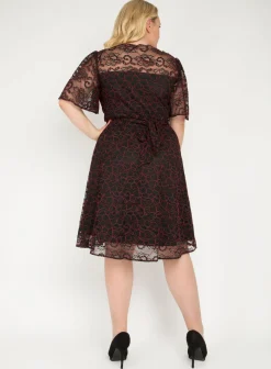 J by Jolie Moi Flare Sleeve Belted Lace Dress, Red Multi