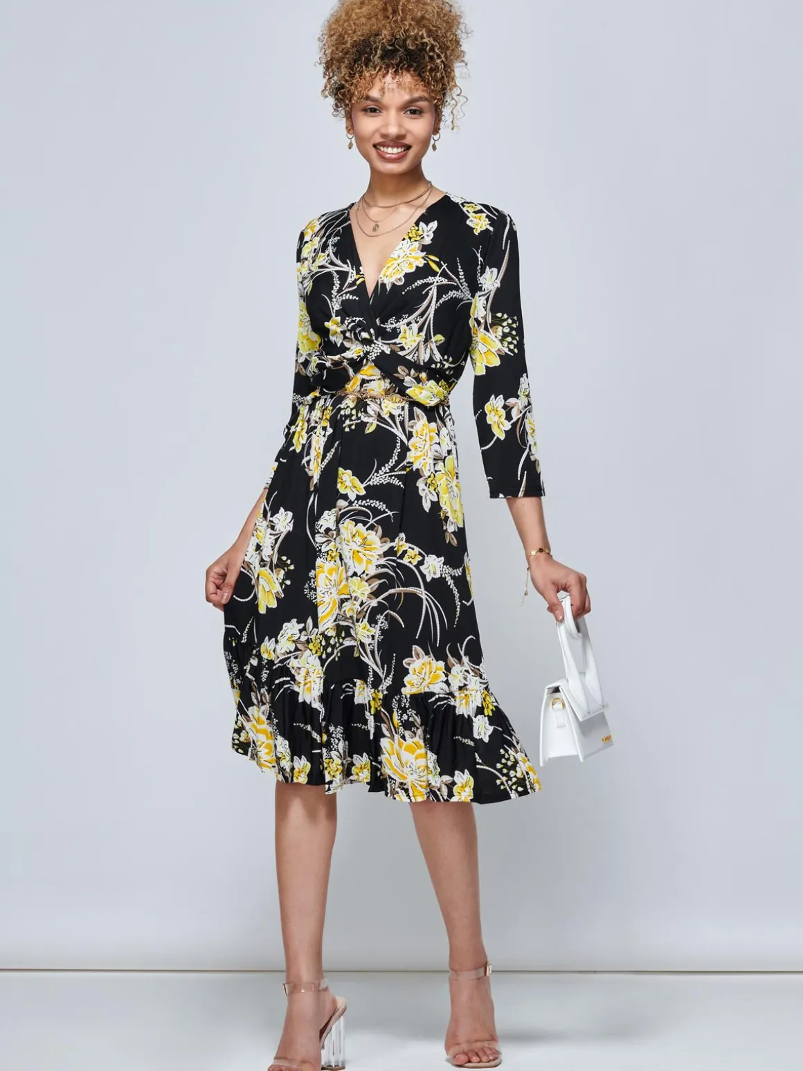 J by Jolie Moi Print Flounce Hem Midi Dress, Yellow Floral