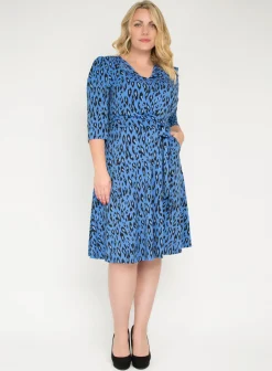 J by Jolie Moi Revers Collar Midi Dress, Blue Leopard