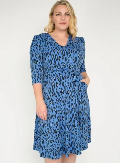 J by Jolie Moi Revers Collar Midi Dress, Blue Leopard