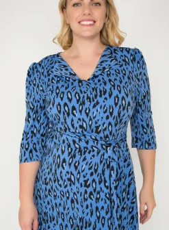 J by Jolie Moi Revers Collar Midi Dress, Blue Leopard