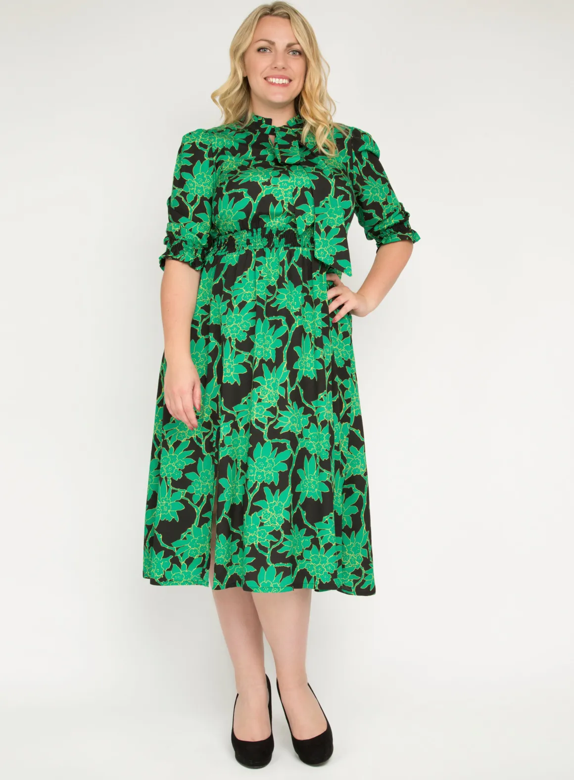 J by Jolie Moi Tie Neck Woven Midi Dress, Green Multi