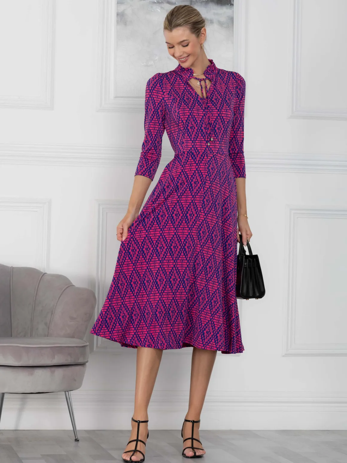 Jennifer Tie Neck Midi Dress, Pink Multi