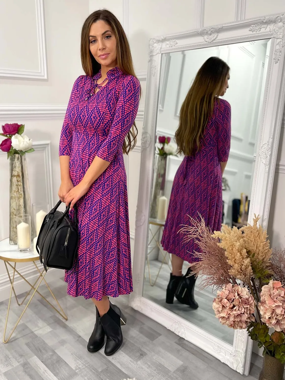 Jennifer Tie Neck Midi Dress, Pink Multi