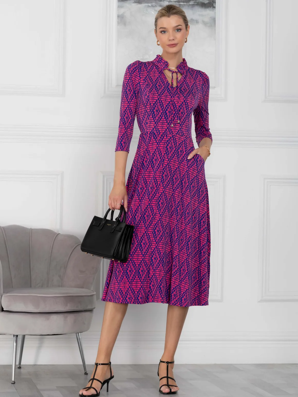 Jennifer Tie Neck Midi Dress, Pink Multi
