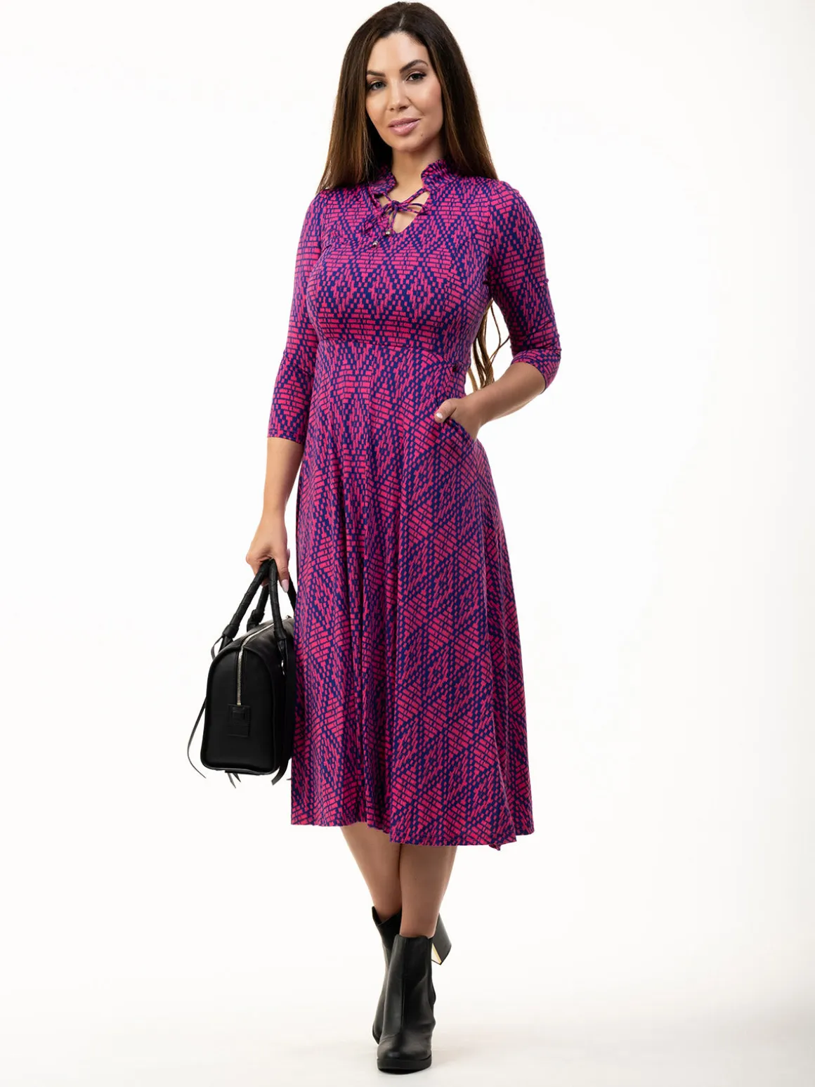 Jennifer Tie Neck Midi Dress, Pink Multi