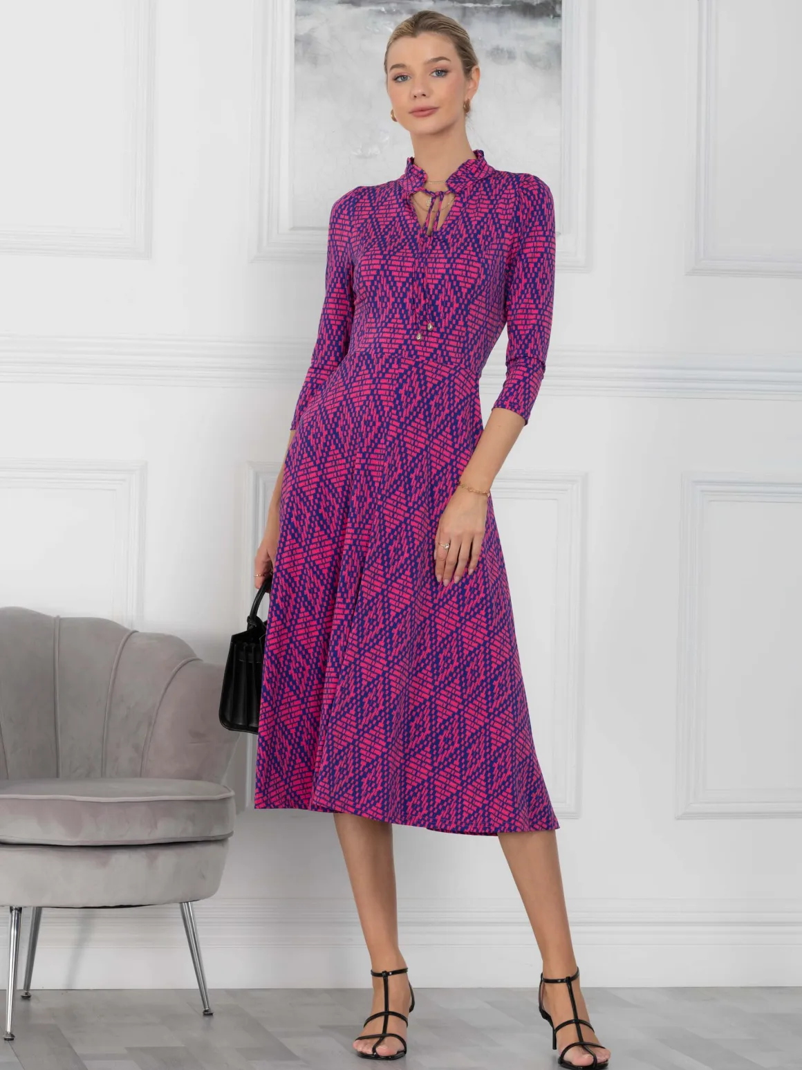 Jennifer Tie Neck Midi Dress, Pink Multi