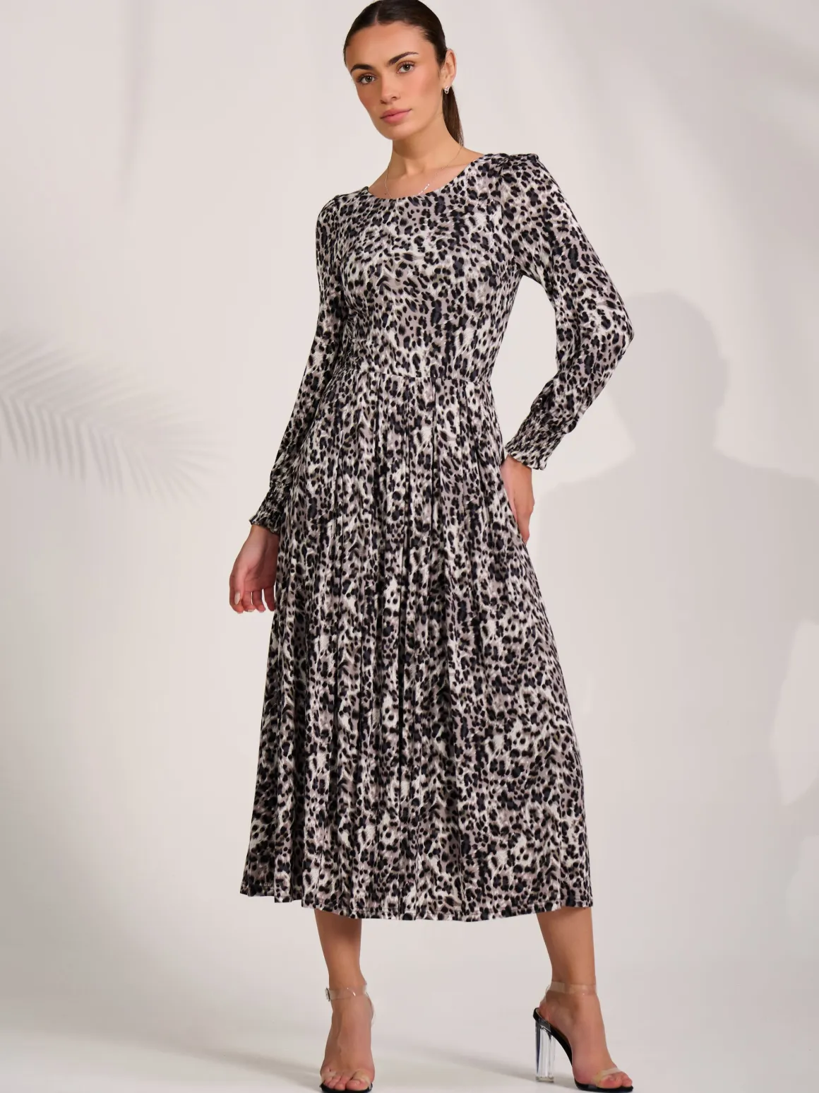 Jersey Belted Long Sleeve Maxi Dress, Leopard