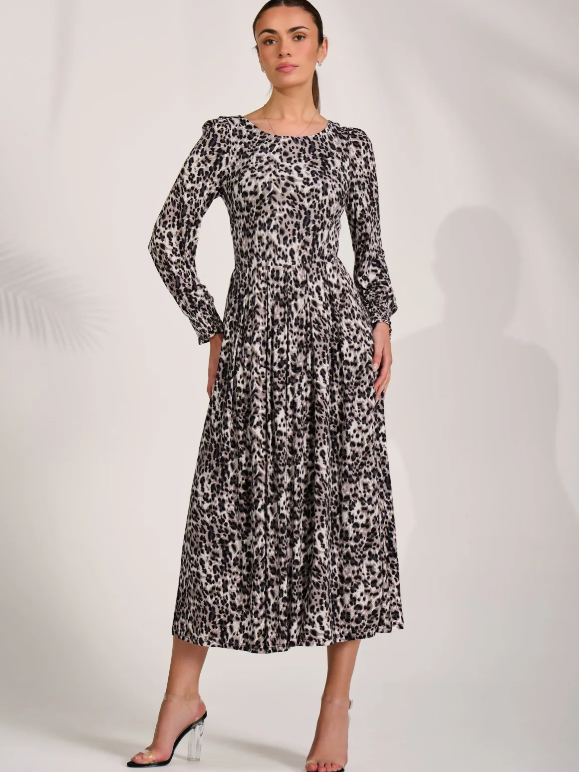 Jersey Belted Long Sleeve Maxi Dress, Leopard