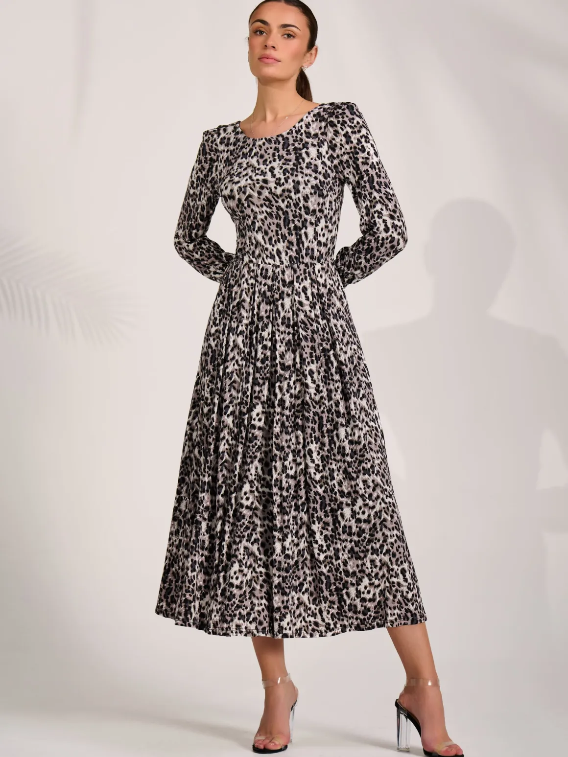 Jersey Belted Long Sleeve Maxi Dress, Leopard