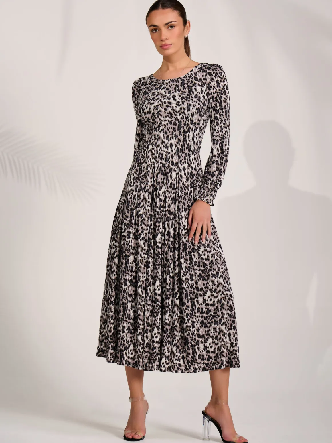 Jersey Belted Long Sleeve Maxi Dress, Leopard