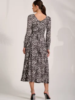 Jersey Belted Long Sleeve Maxi Dress, Leopard