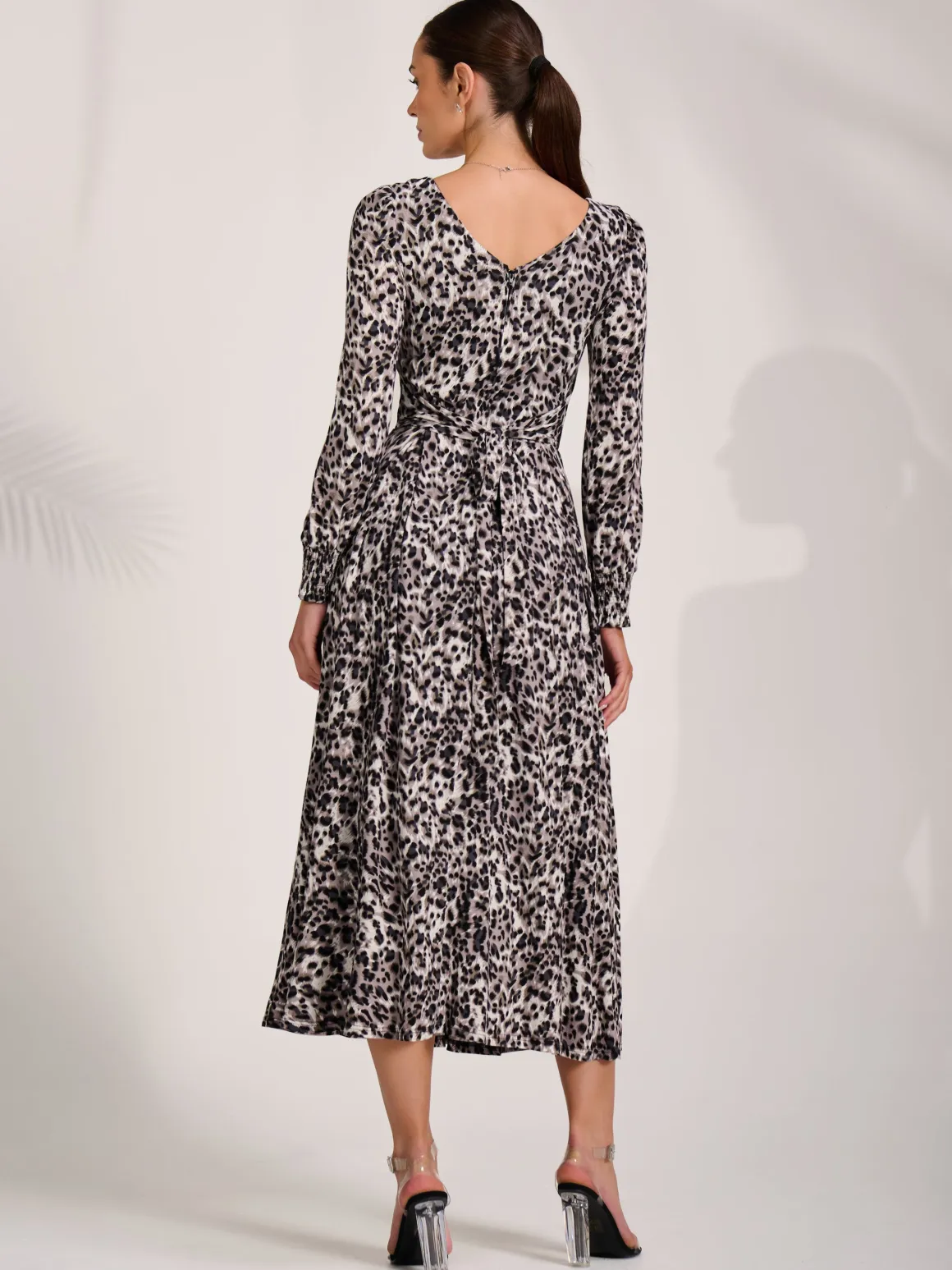 Jersey Belted Long Sleeve Maxi Dress, Leopard