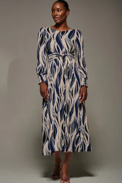 Jersey Belted Long Sleeve Maxi Dress, Navy Abstract