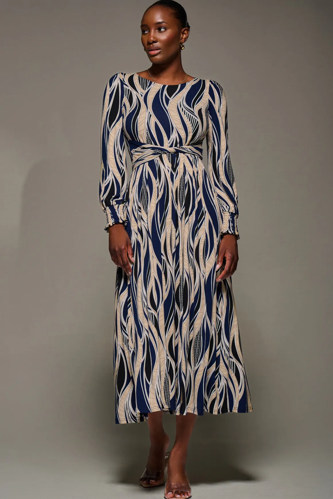 Jersey Belted Long Sleeve Maxi Dress, Navy Abstract