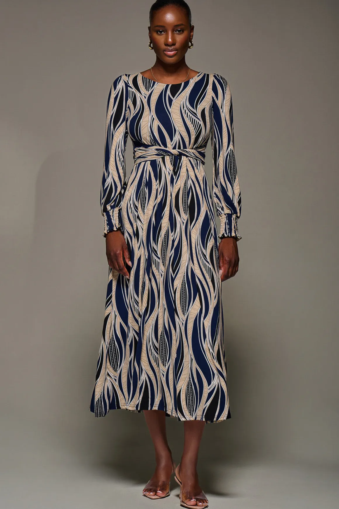 Jersey Belted Long Sleeve Maxi Dress, Navy Abstract