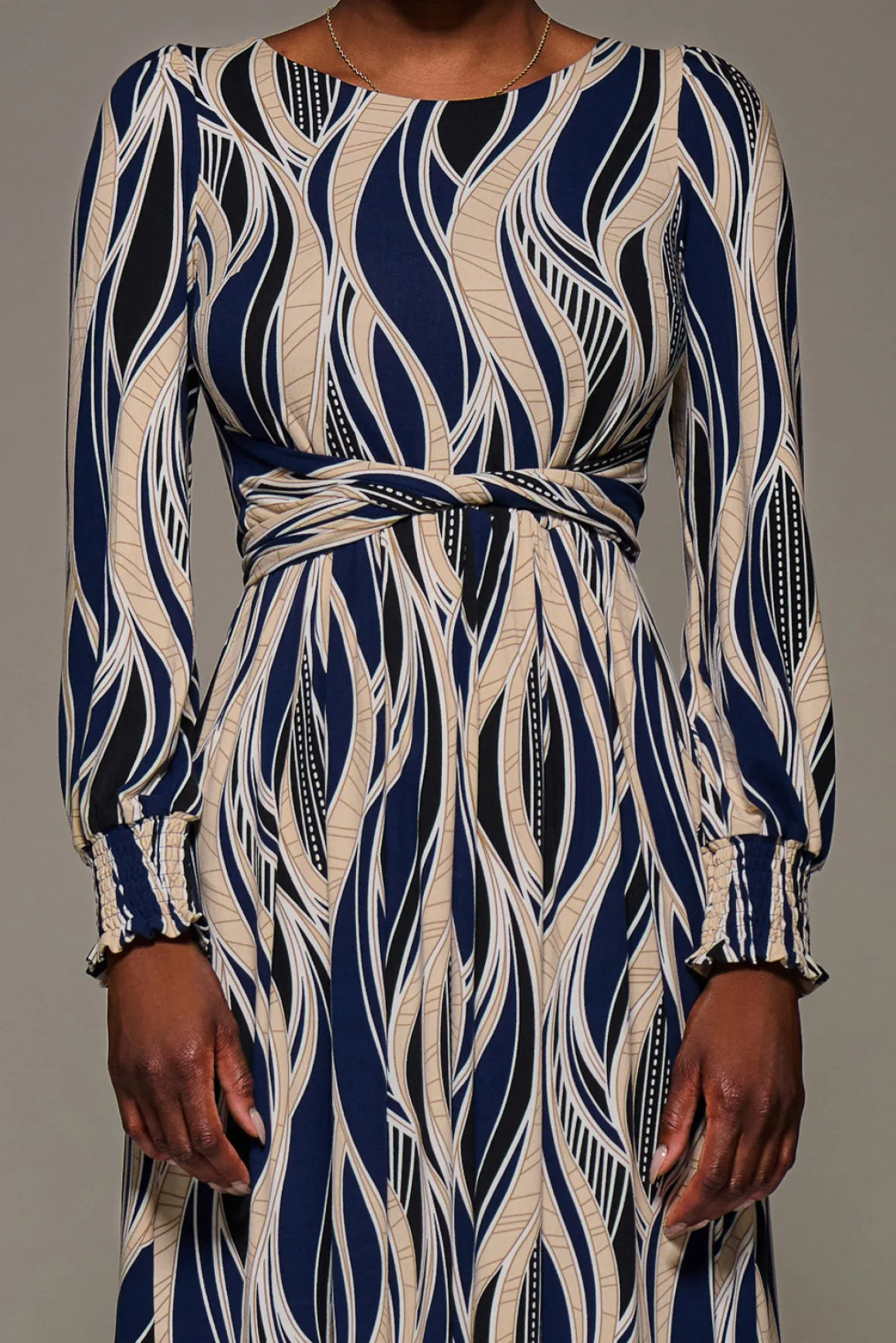 Jersey Belted Long Sleeve Maxi Dress, Navy Abstract