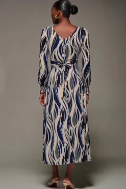 Jersey Belted Long Sleeve Maxi Dress, Navy Abstract