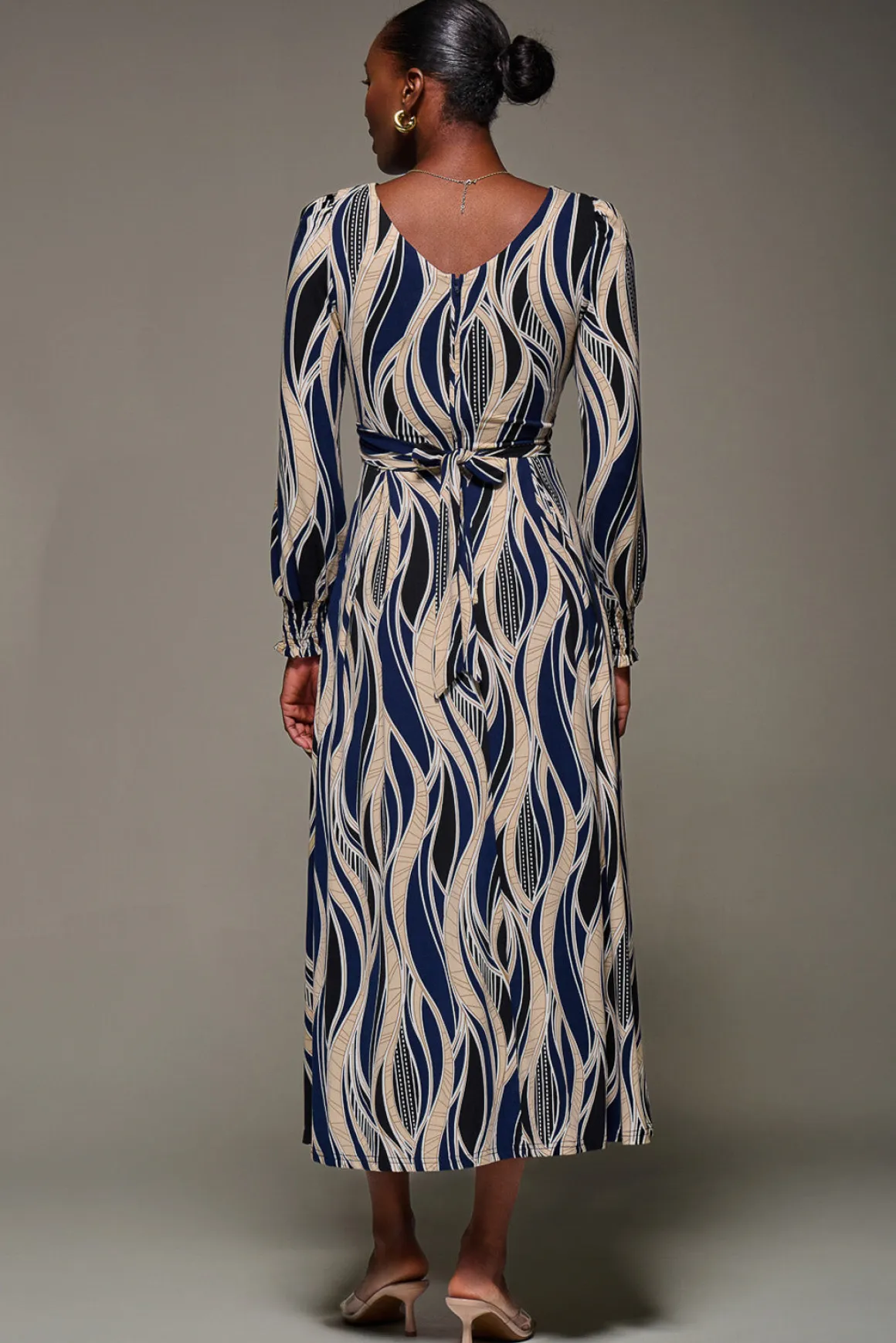 Jersey Belted Long Sleeve Maxi Dress, Navy Abstract